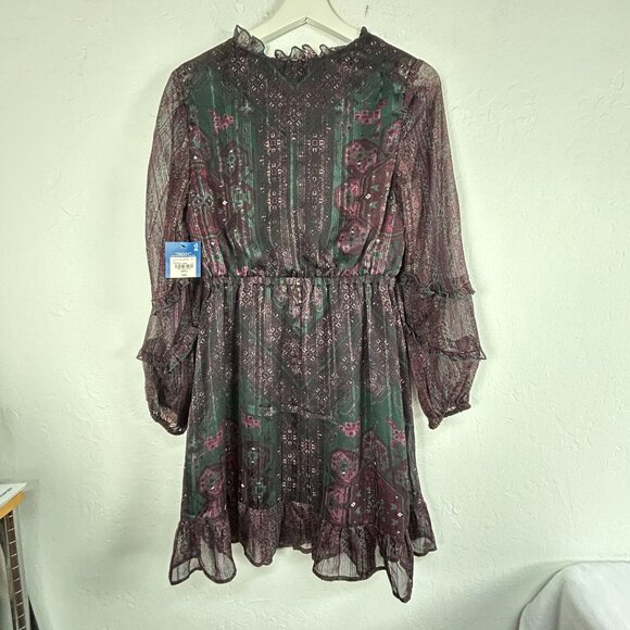 Frye & Co. Boho Chic Paisley Long-Sleeve Mini Dress Small Natural Combo New - Picture 2 of 8